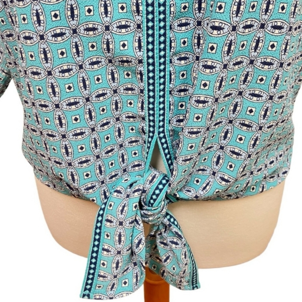 MAX STUDIO Geo Print V-Neck Tie Flared Sleeve Top EUC - Picture 3 of 8